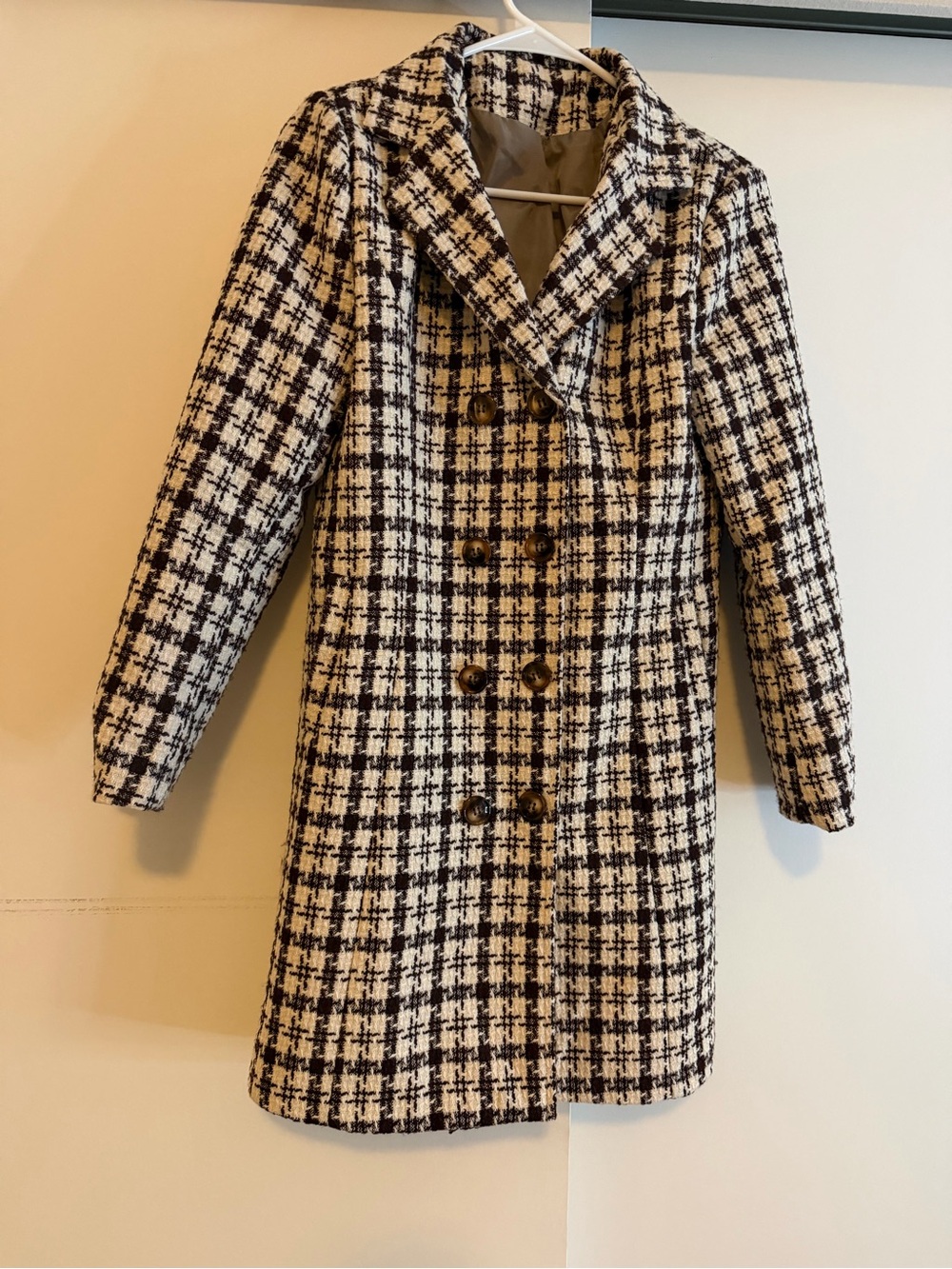 Brown & White Plaid Double-Breasted Pea Coat